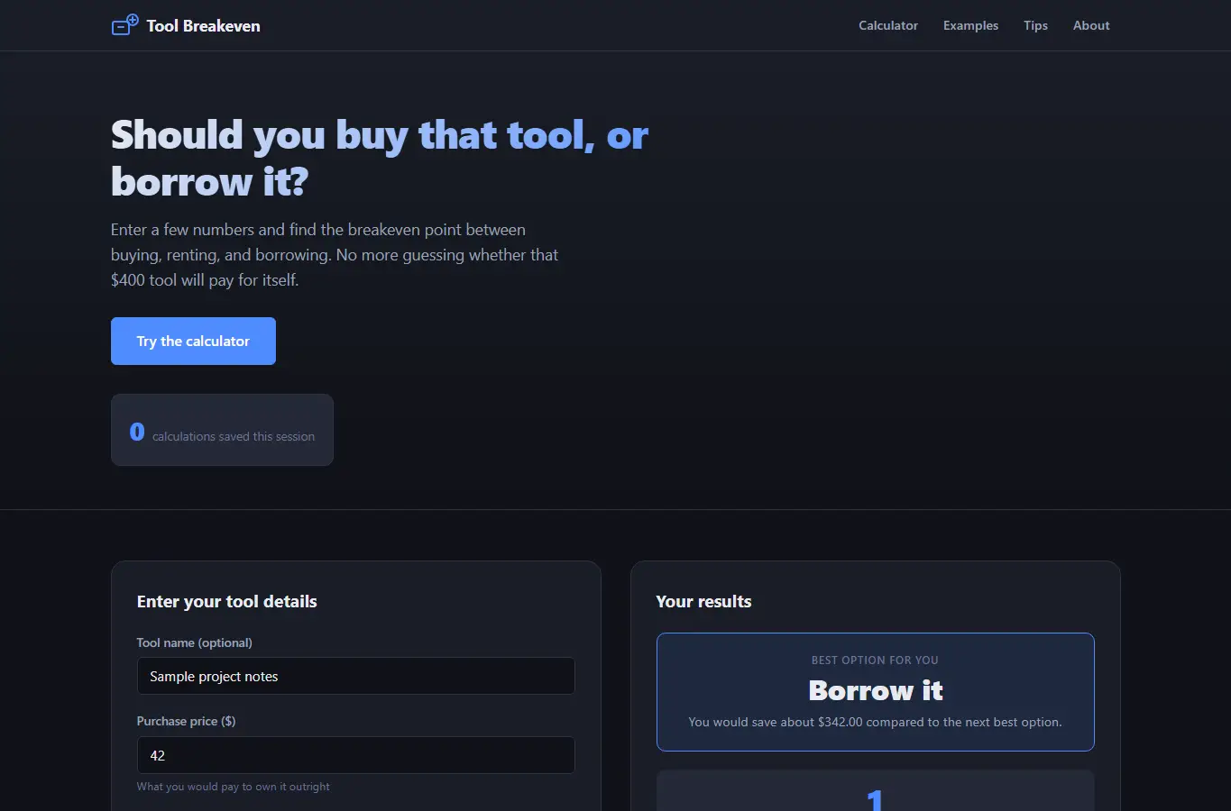 Screenshot of Borrow vs Buy Tool Breakeven Calculator interface showing the project page in use